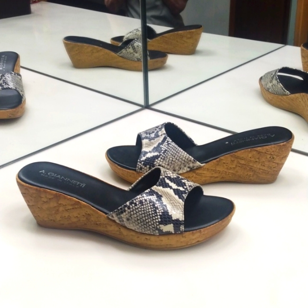 A. GIANNETTI ANIMAL PRINT CORK WEDGE SANDALS SIZE 9.5